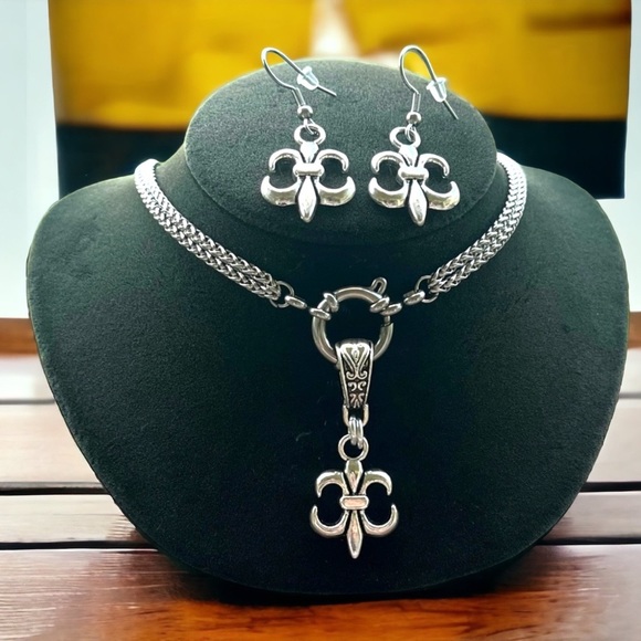 SET ! Fleur de lis / lys stainless steel double wheat chain necklace + earrings - Picture 10 of 14